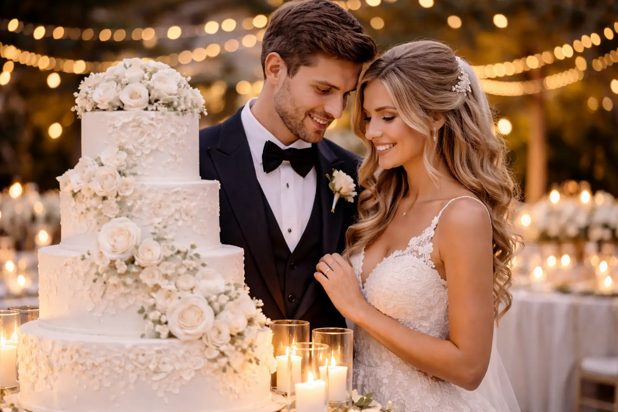 Sposi davanti alla torta nuziale durante il ricevimento del loro matrimonio, curata dal Team Feel Good Show