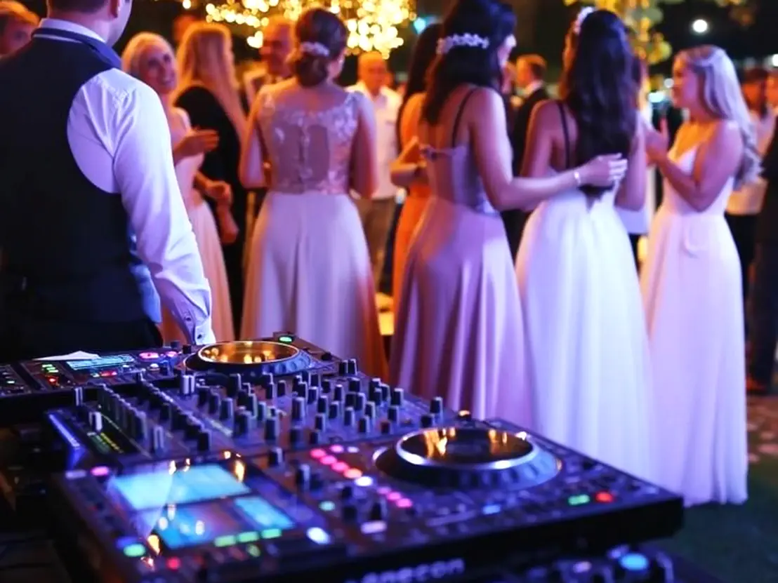 Pista da ballo piena durante un matrimonio ad Ascoli Piceno con DJ set e invitati che festeggiano.<br />