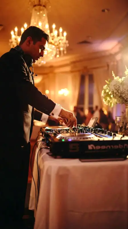 Elegante DJ set per  Invitati scatenati sulla pista da ballo durante il ricevimento di nozze	