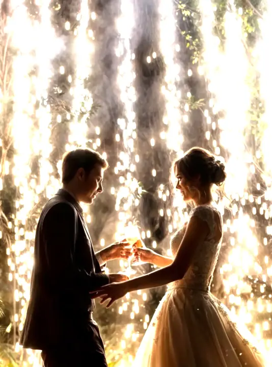 Scintille luminose durante il taglio della torta Pioggia di scintille fredde per un momento speciale del matrimonio