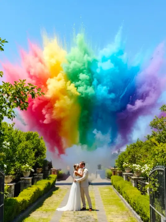 Effetto fumo colorato rosa e azzurro durante una cerimonia di nozze
