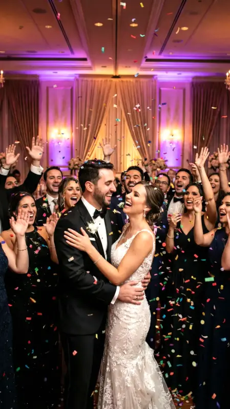 Sposi che si divertono al matrimonio sulla pista da ballo durante il ricevimento di nozze	