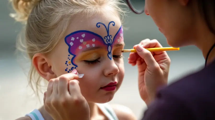 Animatrice del Team Feel Good Show realizza truccabimbi colorato durante un matrimonio nelle Marche, intrattenimento per i più piccoli.