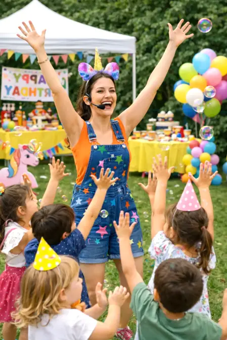 Gruppo di bambini che partecipano a un gioco organizzato da un animatore durante una festa con palloncini modellabili