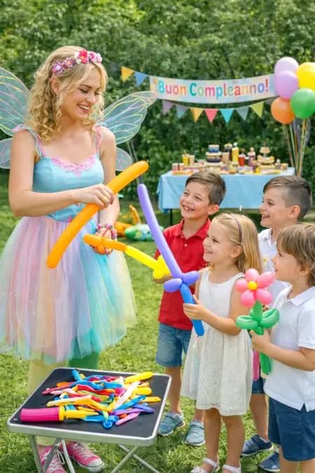 Gruppo di bambini che partecipano a un gioco organizzato da un animatore durante una festa con palloncini modellabili
