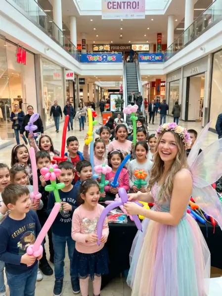 Animatori professionisti che intrattengono i bambini con giochi e spettacoli nei centri commerciali