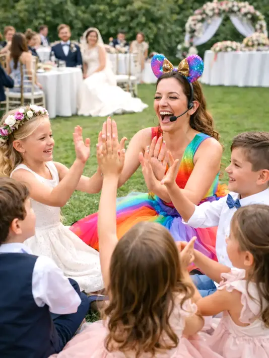 Divertenti giochi di gruppo per bambini con animatrici durante un matrimonio