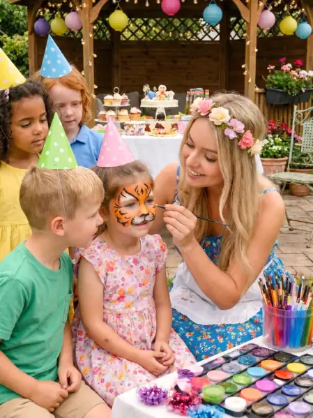 Animatrice che realizza trucca bimbi per bambini a un matrimonio	
