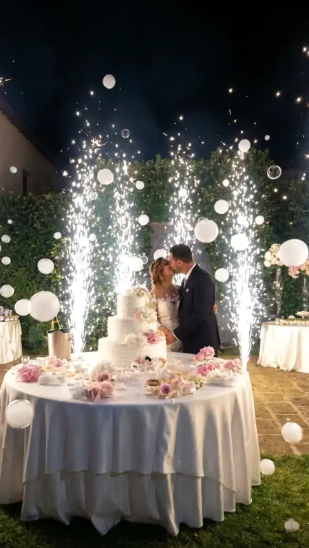 Bolle di sapone bianche con fontane luminose per torta di matrimoni durante un evento indimenticabile