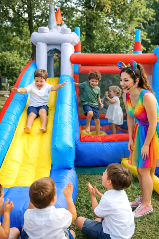 Area giochi con castello gonfiabile per l’intrattenimento dei bambini durante una festa