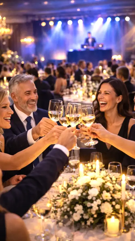 Ospiti seduti a tavoli rotondi durante una elegante cena aziendale di gala in una sala raffinata con luci calde e atmosfera professionale.