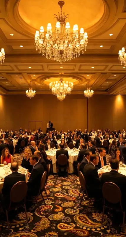 Serata aziendale con ospiti a tavola durante una cena di gala in una location elegante con lampadari e atmosfera raffinata.