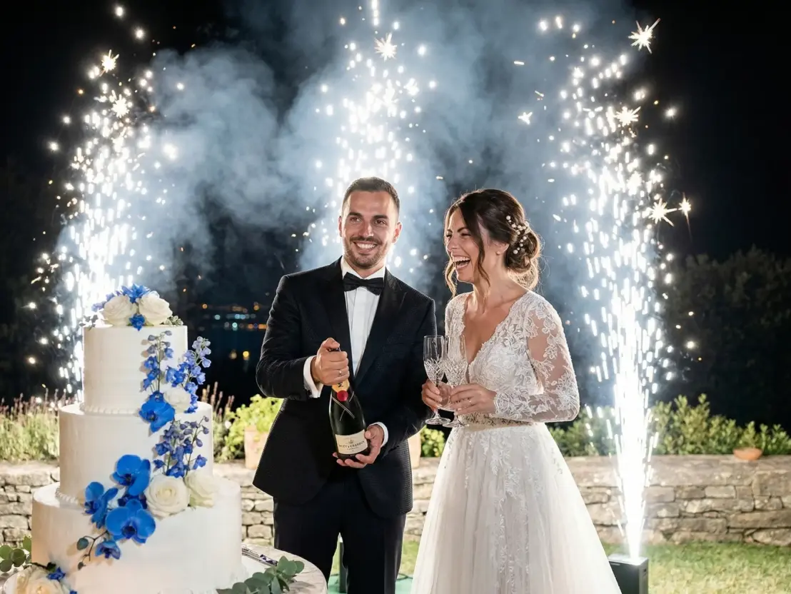 Sposi durante il taglio della torta in un matrimonio a San Benedetto del Tronto con luci scenografiche e fontane luminose fredde e musica.<br /><br />