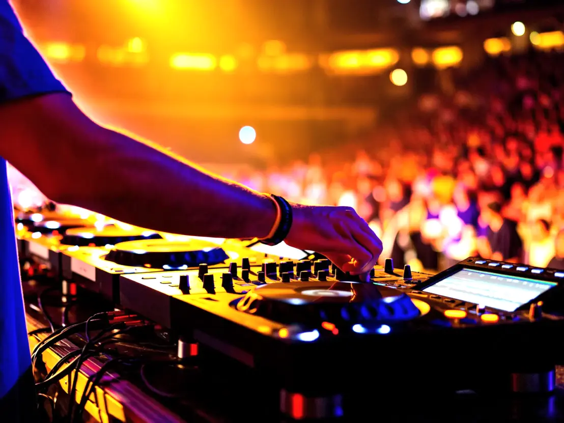 DJ che suona durante un evento privato ad Ascoli Piceno con ospiti che ballano e atmosfera elegante.