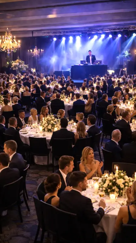 Impianto audio e luci professionale per una premiazione Cena di gala aziendale con ospiti seduti a tavoli eleganti durante un evento corporate con presentazione su schermo e atmosfera raffinata.