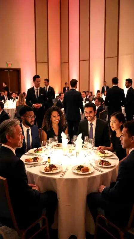 Serata elegante con tavoli apparecchiati e ospiti durante una cena aziendale di gala con presentazione e intrattenimento.