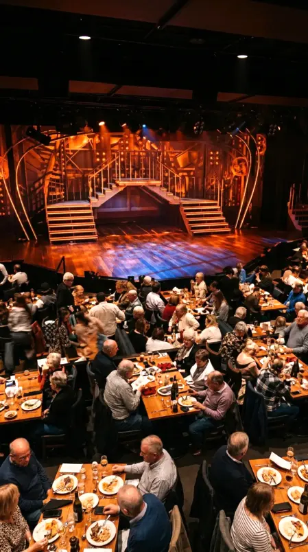 Ospiti durante una cena aziendale di gala in una sala elegante con tavoli apparecchiati e presentazione su schermo.