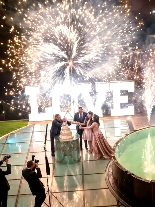 Fontane luminose rotanti che illuminano il momento del taglio torta