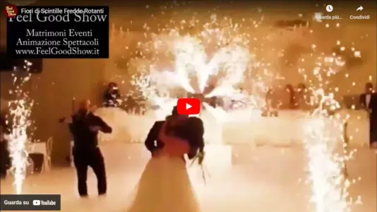Spettacolare effetto scenografico con fiori rotanti di scintille durante un matrimonio, creando un’atmosfera magica ed elegante<br /><br />