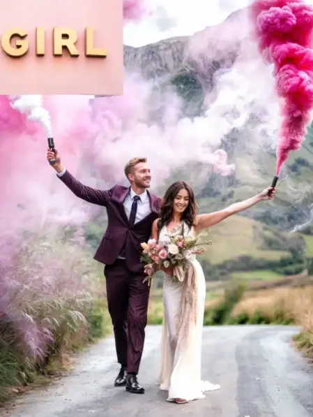 Getti di fumo rosa per Gender Reveal Party Effetto scenografico con fumo rosa per annunciare l’arrivo di una bambina