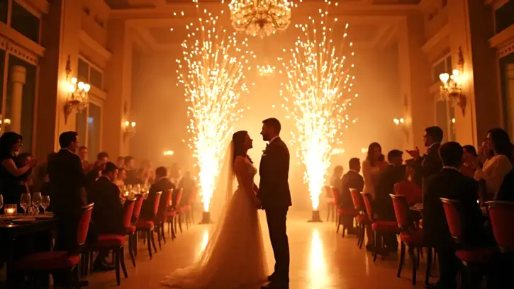 Gli sposi fanno il loro ingresso in sala tra effetti speciali e applausi degli ospiti durante il matrimonio<br /><br />