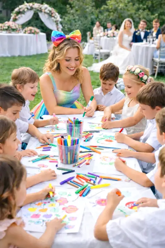 Gruppo di bambini che partecipano a un laboratorio creativo da un animatore durante una festa