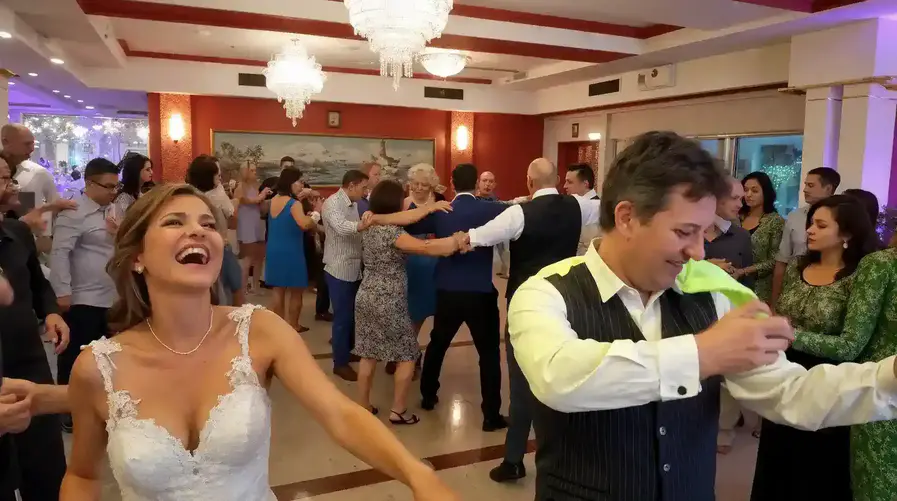 Ospiti e sposi sorridono e ballano durante un matrimonio nelle Marche, atmosfera vivace creata dal team Feel Good Show con musica e animazione.