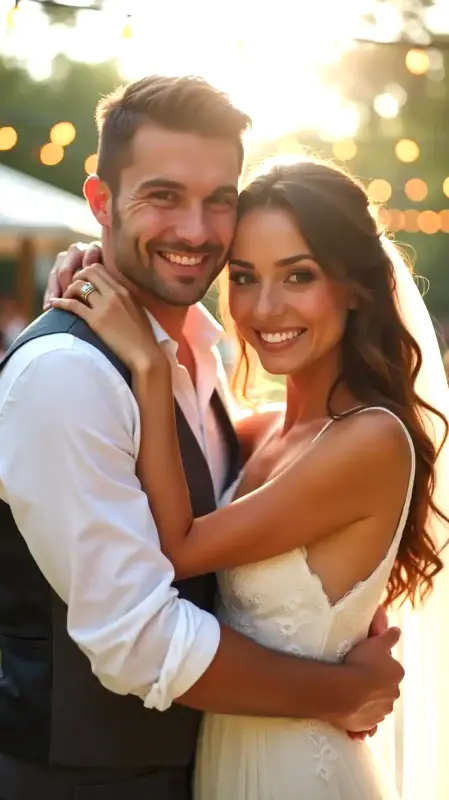 Sposi felici che ballano al matrimonio Coppia di sposi si emoziona durante il primo ballo con musica soft