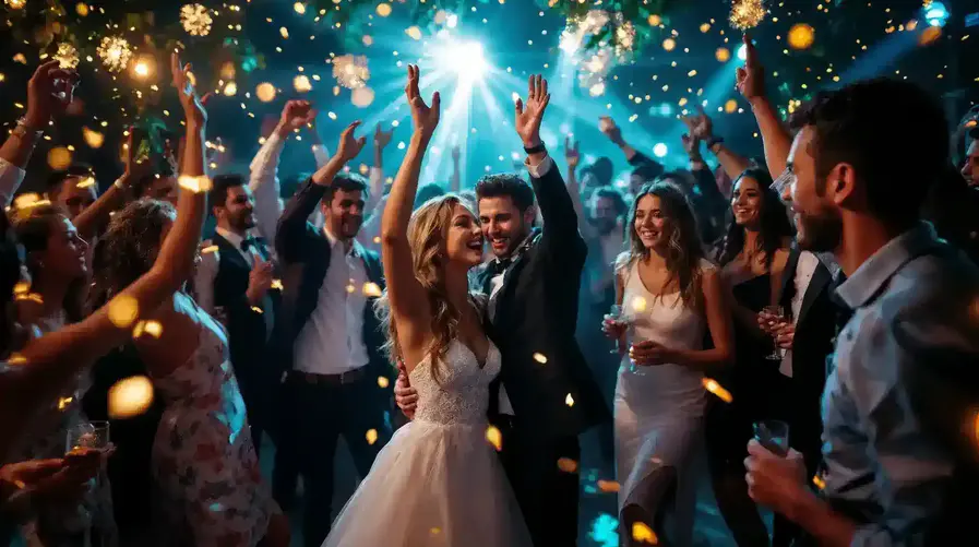 Ospiti felici partecipano alla festa di matrimonio nelle Marche, tra musica, balli e animazione organizzati dal team Feel Good Show.