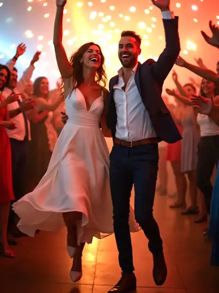 Sposi e Ospiti che ballano e si divertono al matrimonio Gli spois insieme agli Invitati scatenati sulla pista da ballo durante il ricevimento di nozze