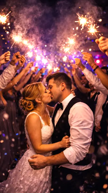 Sposi innamorati che si baciano durante il matrimonio elegante con la musica del team Feel Good Show