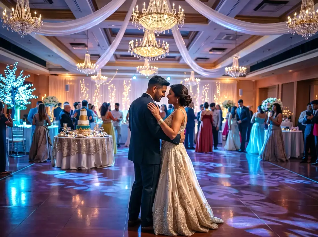 DJ che suona durante un matrimonio ad Ascoli Piceno con ospiti che ballano e atmosfera elegante.