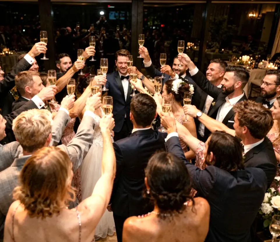 Sposi durante il brindisi con musica e luci scenografiche in un matrimonio ad Ascoli Piceno.