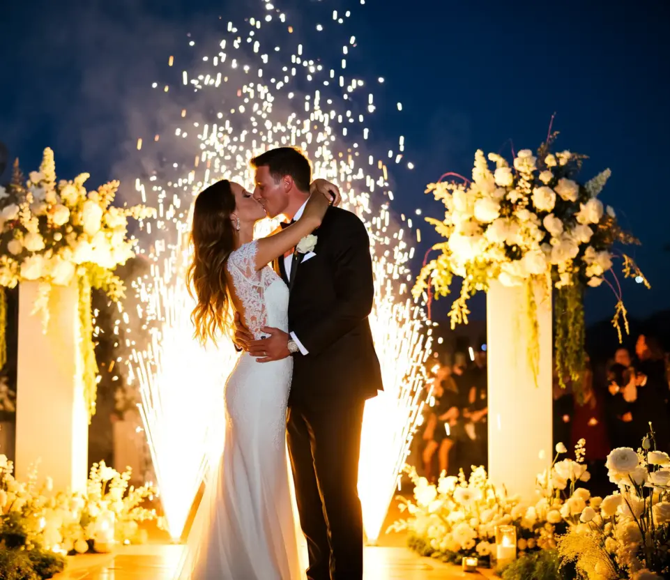 Sposi durante il bacio romantico con musica e luci scenografiche in un matrimonio ad Ascoli Piceno.