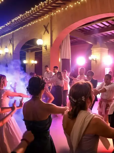 Ospiti che ballano durante un matrimonio Invitati che si divertono e ballano durante il ricevimento di nozze con musica dal vivo