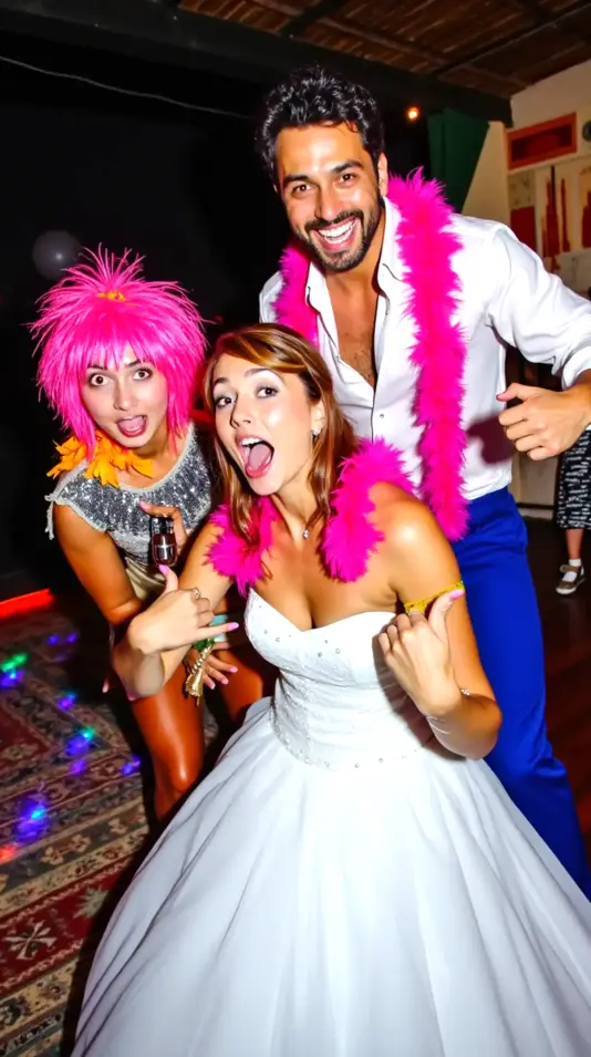 Sposi in abiti da cerimonia con quattro testimoni indossano parrucche colorate e gadget ridendo davanti al photo booth matrimonio Monteprandone