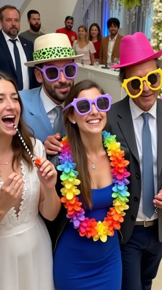 Ospiti davanti al photo booth lollipop con accessori props vari durante party serale matrimonio Grottammare illuminazione LED ring light<br />