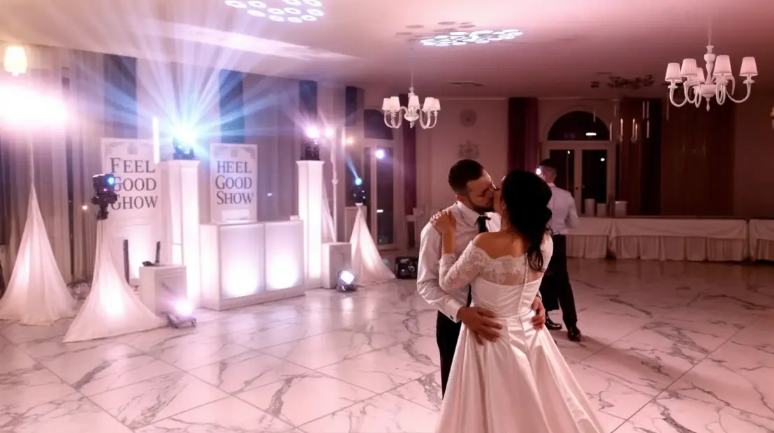 Scenografia LED retroilluminata per bsllo degli sposi Effetto scenografico con luci LED per un matrimonio elegante