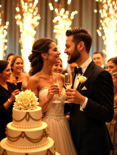 Effetto scenografico con fontane luminose fredde durante il taglio della torta del matrimonio