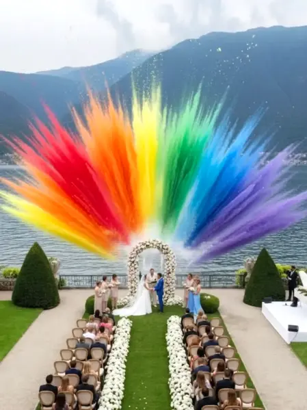 Effetto scenografico con fumo colorato in cielo per l’ingresso o il ballo degli sposi