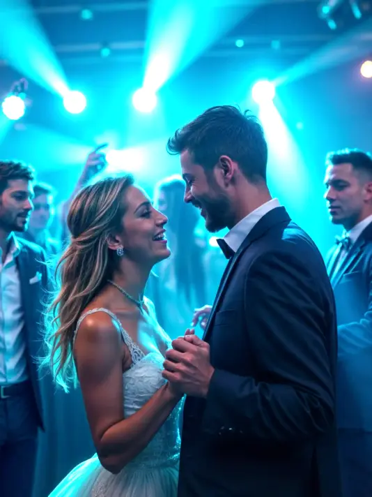 Sposi danzano circondati da un’illuminazione romantica e musica coinvolgente