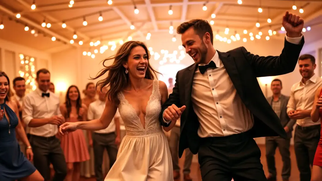 Sposi Felici e Innamorati di divertono nel Giorno del Matrimonio<br /><br /> Gli sposi si divertono allegri e felici e innamorati nel giorno del loro matrimonio, condividendo un’emozione unica