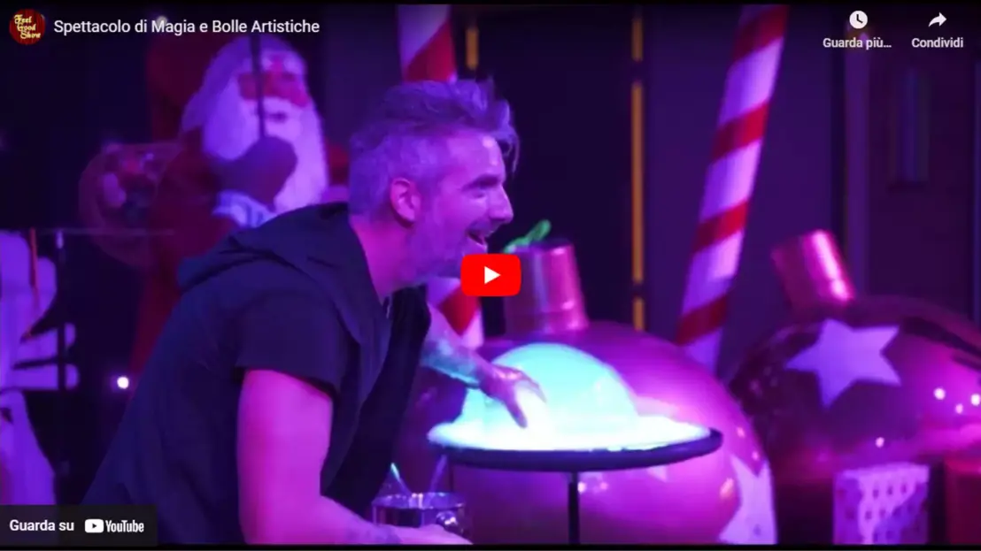 Screenshot del video trailer dello spettacolo di magia e bolle di sapone artistiche Feel Good Show, con effetti scenici sorprendenti e performance magiche<br /><br />