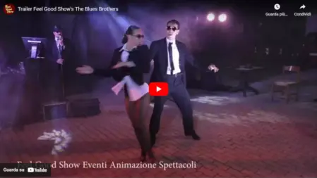 Screenshot del video trailer dello spettacolo The Blues Brothers Feel Good Show, un omaggio alla leggendaria band con performance live, coreografie e coinvolgente energia musicale<br /><br />