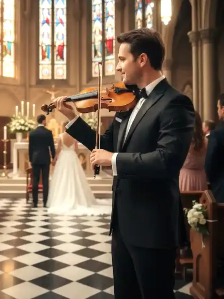 Violinista suona durante un matrimonio in chiesa