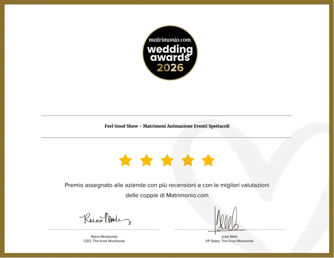 Attestato rilasciato dal sito matrimonio.com che certifica la vittoria di Feel Good Show del prestigioso premio Wedding Awards per l'eccelleza dei servizi per i matrimoni